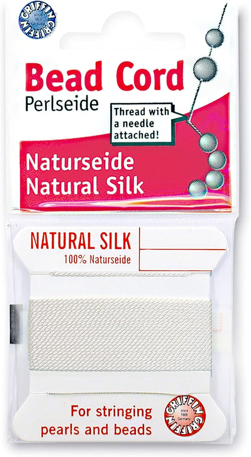 Griffin Silk Bead Cord Perlseide – White Color – Size 1 (0.35mm) – 2 Meters per Card – Stainless Steel Needle Attached – for Knotting Pearls, Gemstones, Crystals and Beads - Image 1